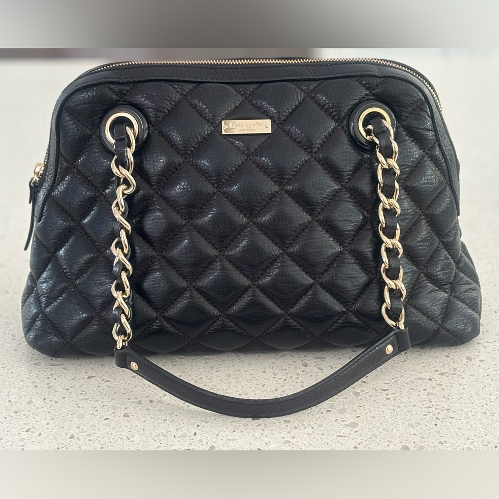 Kate Spade Black “Gold Coast” Georgiana Quilted Shoulder Bag with Gold Chain.